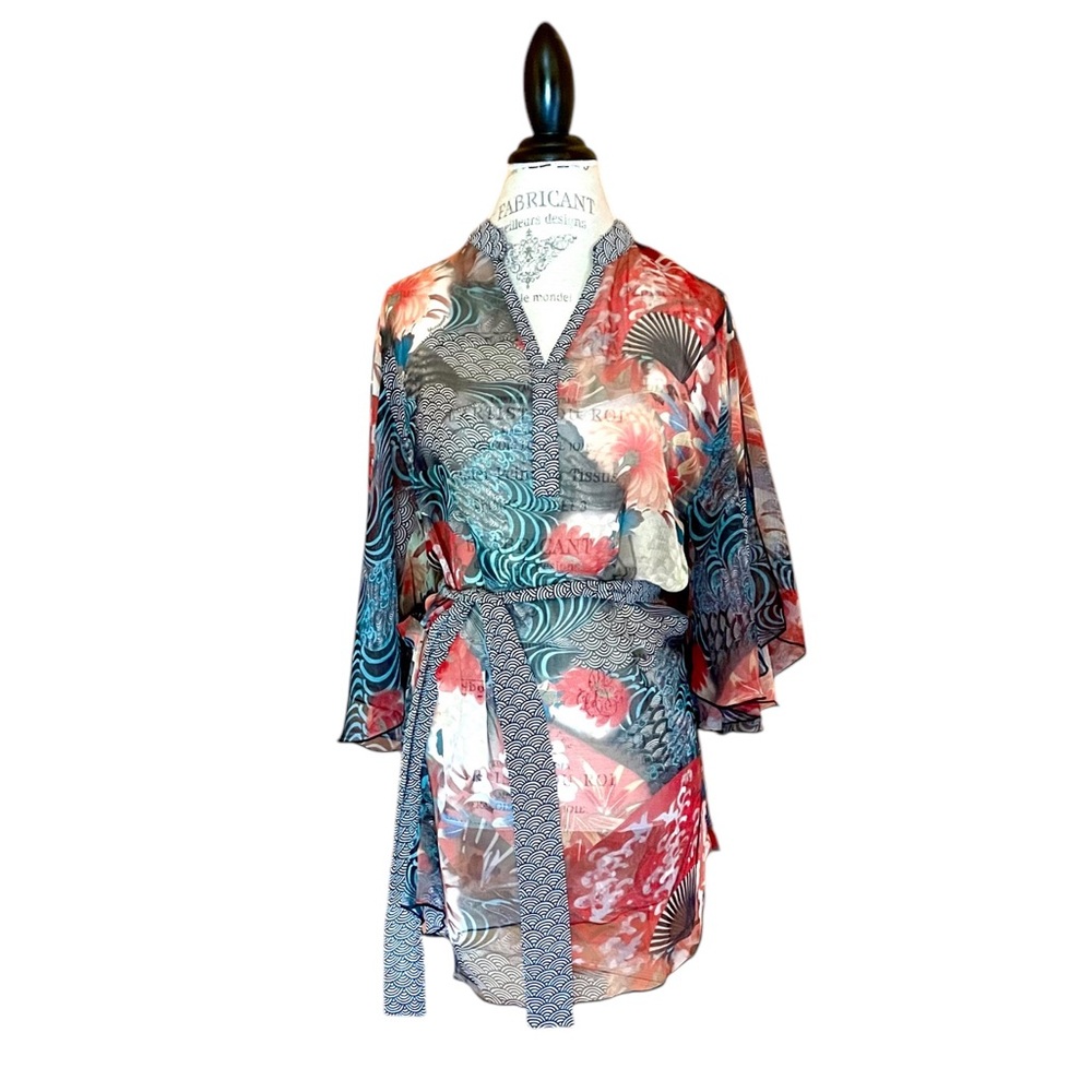 Yamamay Vibrant Multicolored Belted Kaftan Swimsuit Cover Up w/3/4 Bell Sleeve